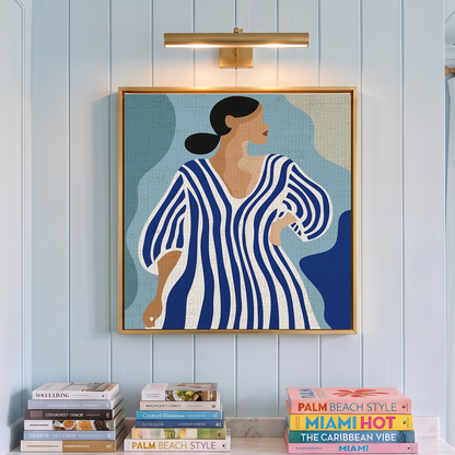 Côte d’Azur Art Print I Blue Muse Art Print I Woman in Striped Dress I Contemporary Coastal Wall Art I Blue & White Artwork, French Riviera Decor, Modern Summer Art