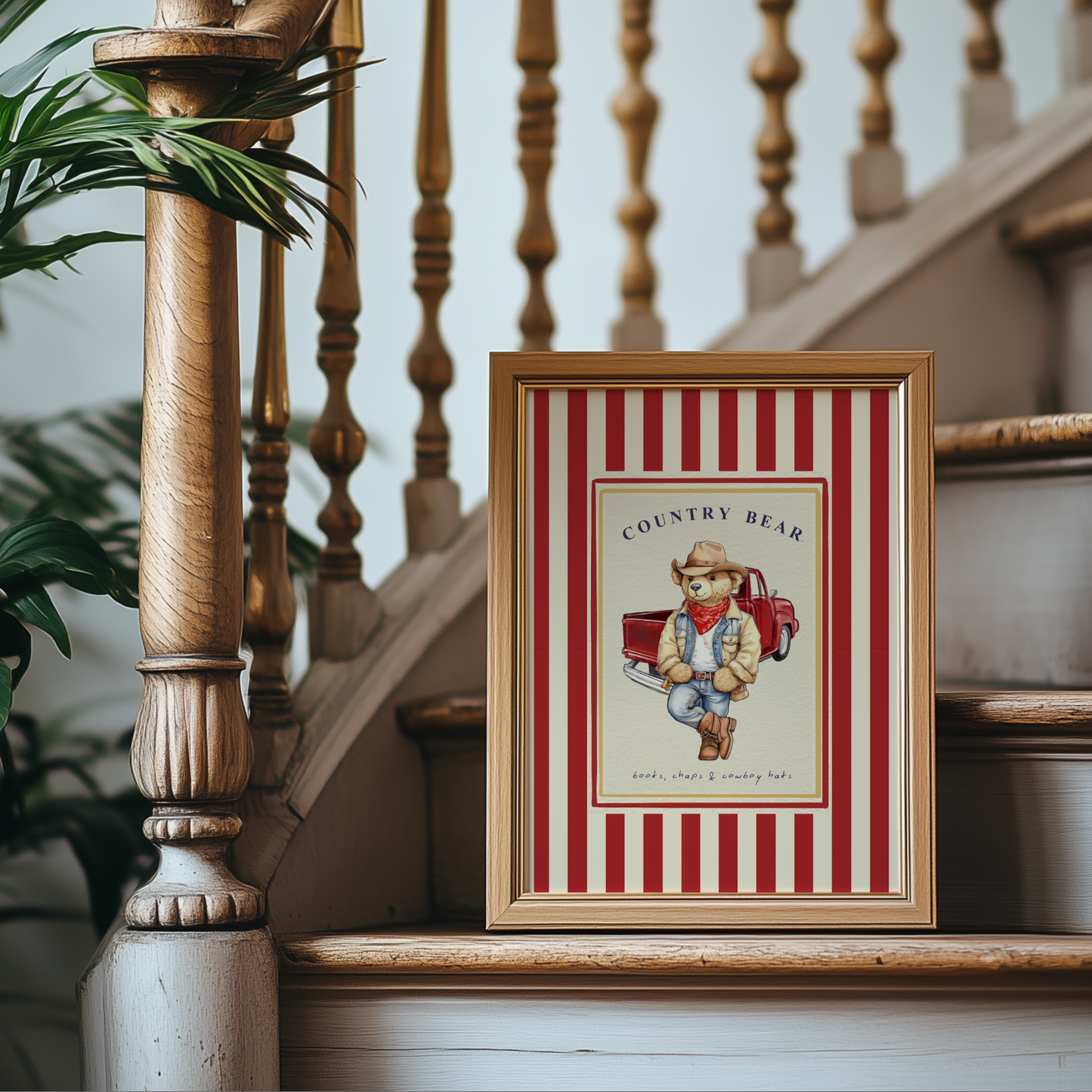 Country Bear Vintage Striped Truck Illustration, Cowboy Bear Artwork