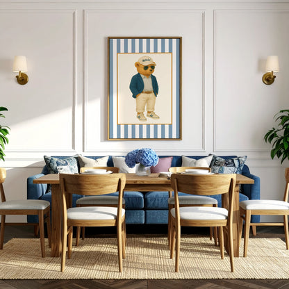 Vintage Nantucket Bear Print, Coastal Striped Artwork in Denim Blue