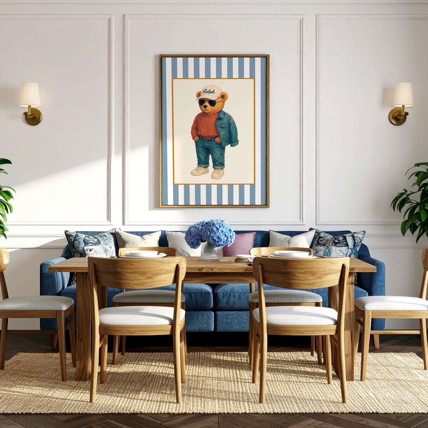 Vintage Striped Preppy Bear Print, Coastal Cape Cod Illustration, Hamptons Artwork