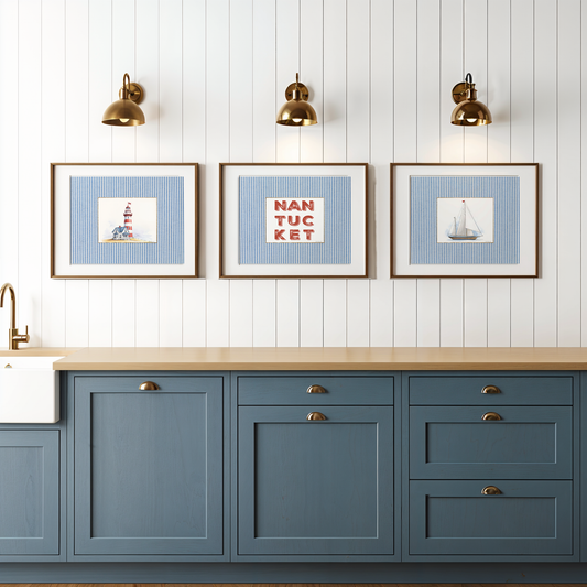 Coastal Print Set of 3 Sailboat Illustration Lighthouse Artwork Nantucket Hamptons Summer Wall Art