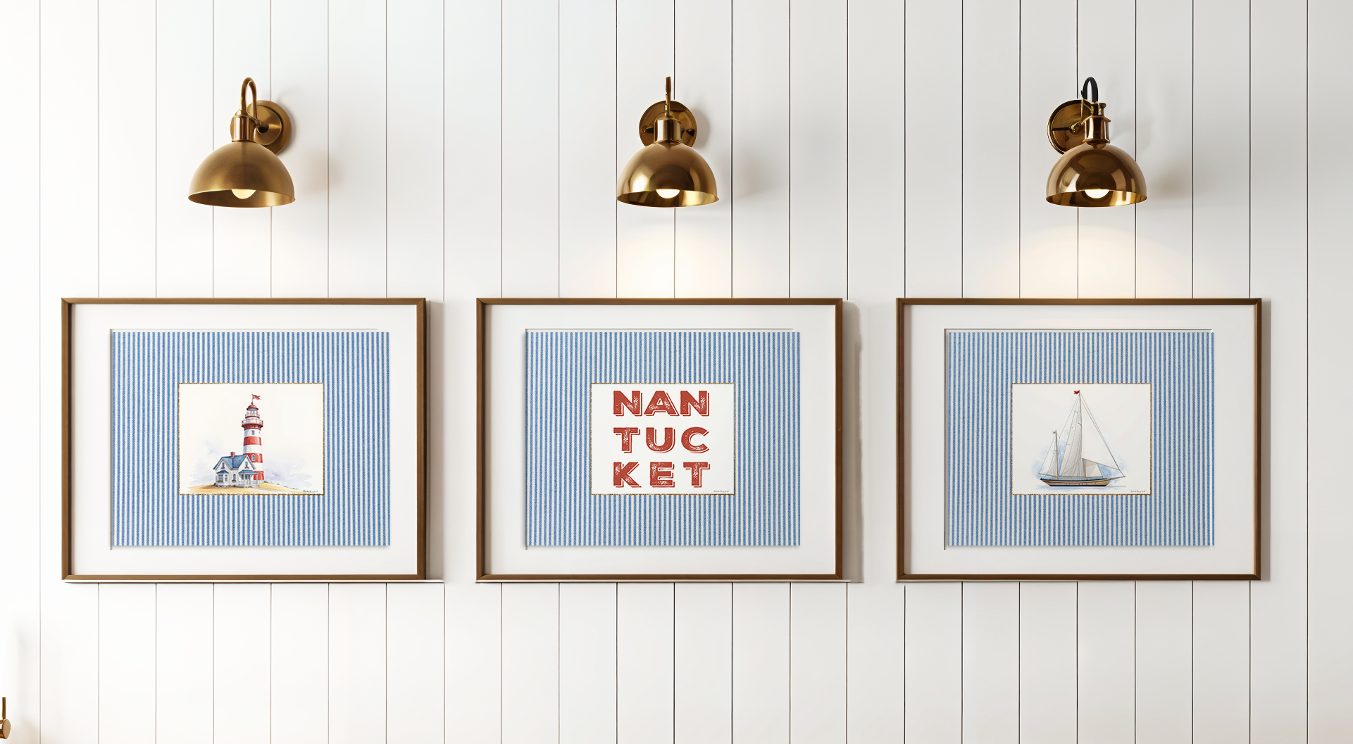 Coastal Print Set of 3 Sailboat Illustration Lighthouse Artwork Nantucket Hamptons Summer Wall Art
