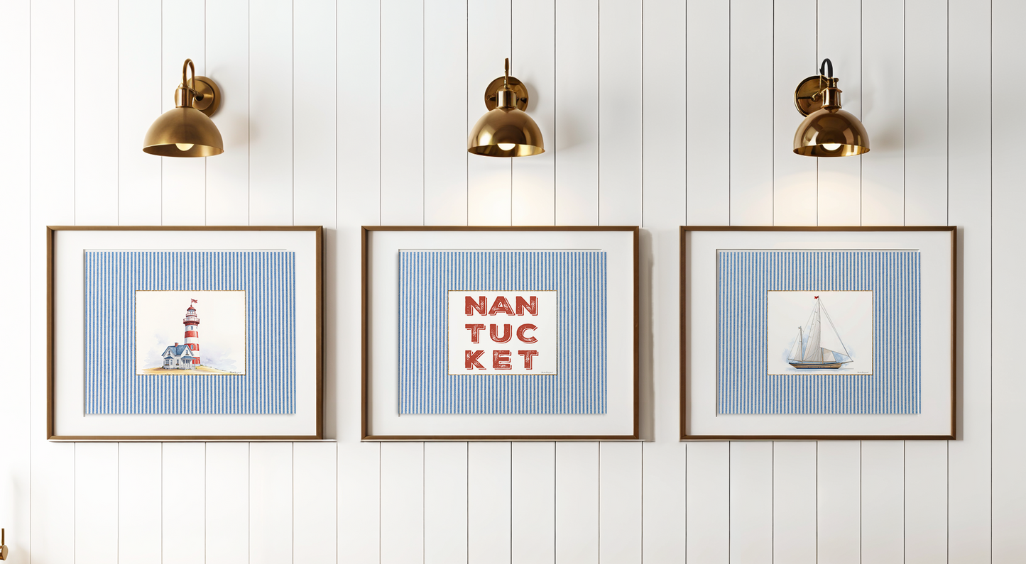 Coastal Print Set of 3 Sailboat Illustration Lighthouse Artwork Nantucket Hamptons Summer Wall Art