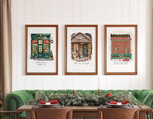 Set of 3 Holiday Illustrations, Christmas Artwork, Cozy Holiday Prints