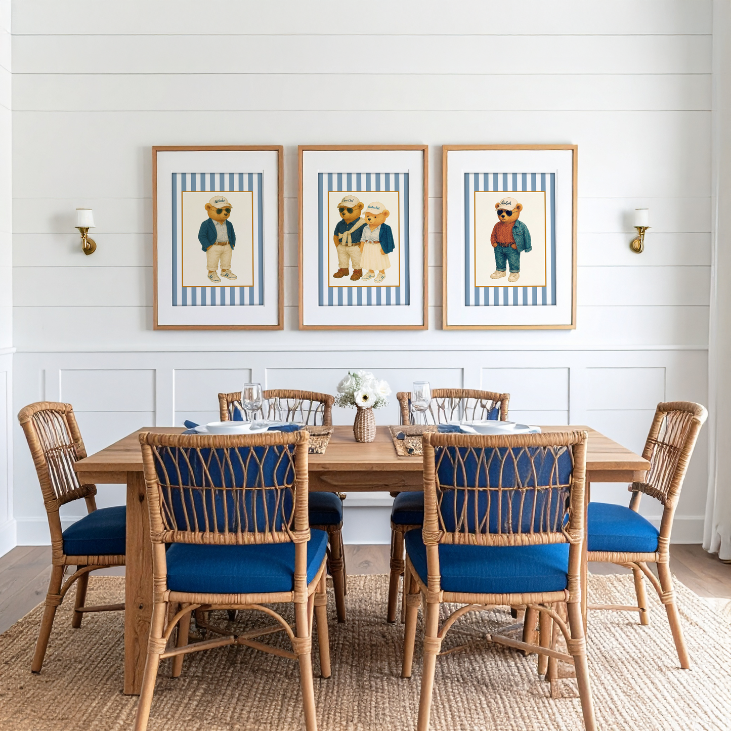 Vintage Striped Preppy Bear Print, Coastal Cape Cod Illustration, Hamptons Artwork