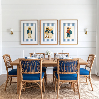 Vintage Nantucket Bear Print, Coastal Striped Artwork in Denim Blue