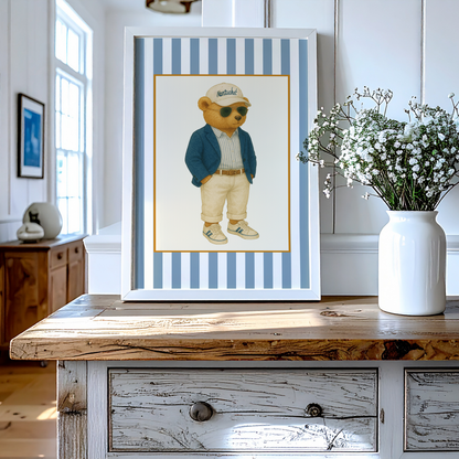 Vintage Nantucket Bear Print, Coastal Striped Artwork in Denim Blue
