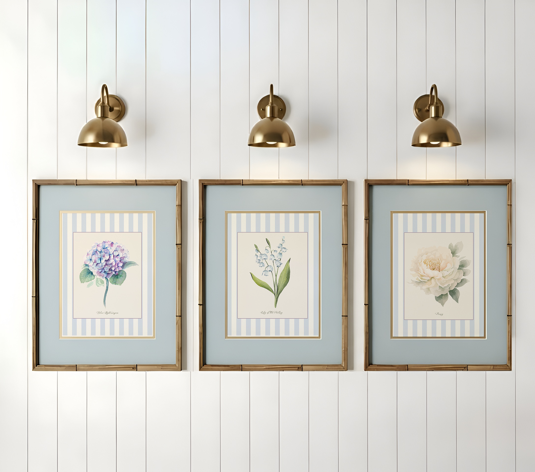 Blue Stripe Set of 3 Vintage Watercolor Flowers, Peony, Lily of the Valley and Blue Hydrangea