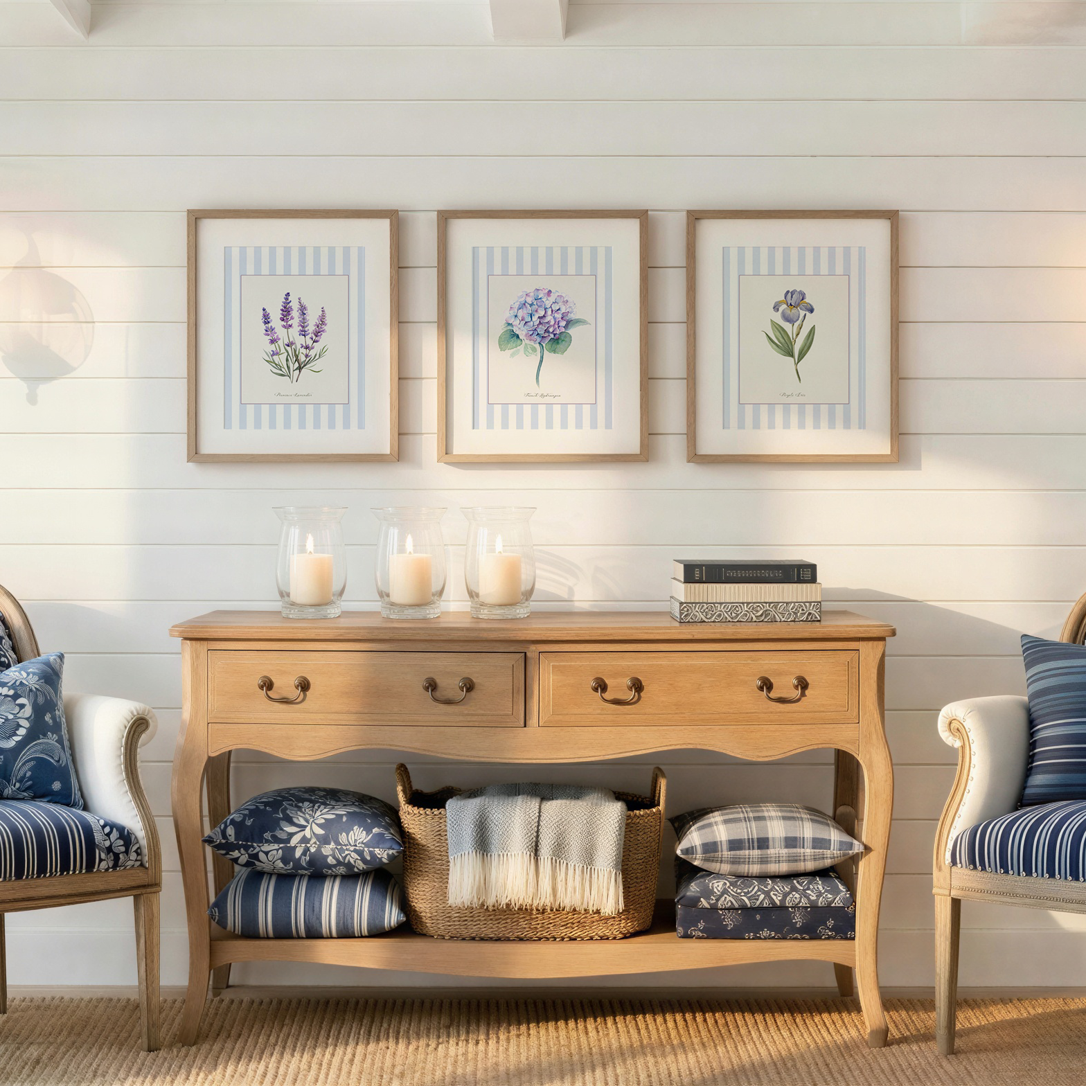 Living room with wooden furniture, decorative pillows, and wall art.