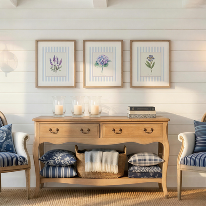 Living room with wooden furniture, decorative pillows, and wall art.