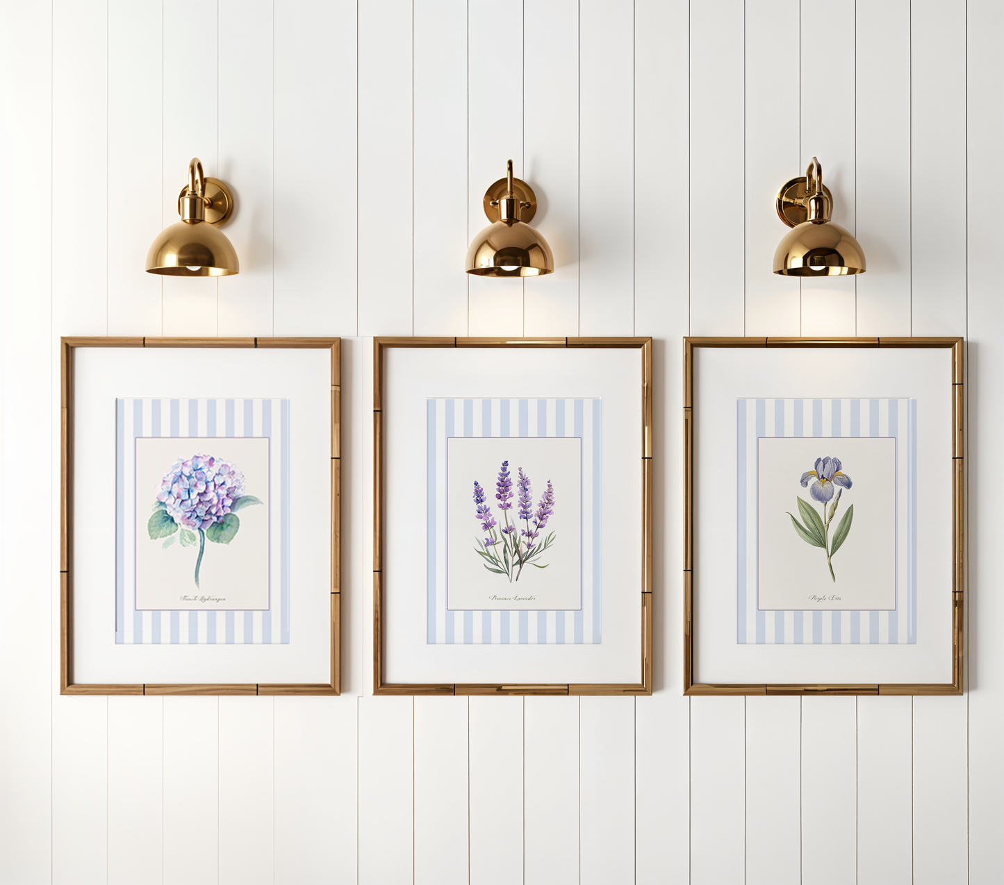 Provence Botanical Print Set of 3 Lavender Purple Iris Blue French Hydrangea Watercolors Vintage Floral Wall Art French Country Decor