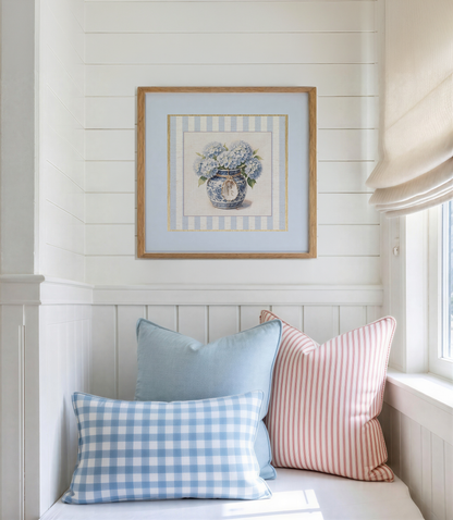 Hydrangea Basket Watercolor Set of 2 Prints Blue & White Ginger Jar Illustration with Sea Blue Border