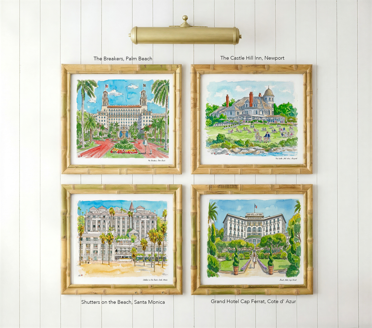 Coastal Hotel Watercolor Print Set | Castle Hill Inn, The Breakers, Cap Ferrat & Shutters on the Beach | Coastal Wall Art Collection