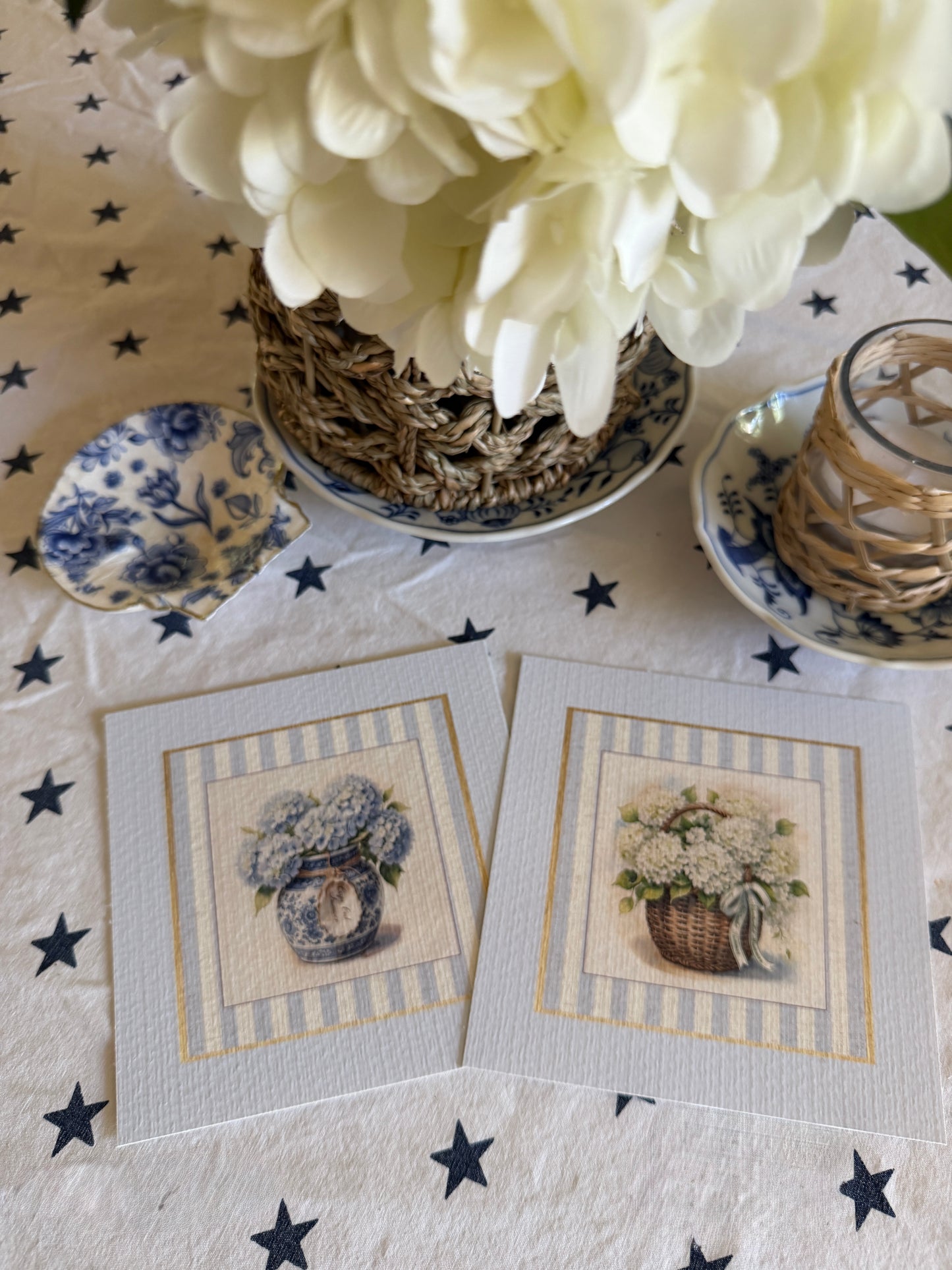 Hydrangea Basket Watercolor Set of 2 Prints Blue & White Ginger Jar Illustration with Sea Blue Border