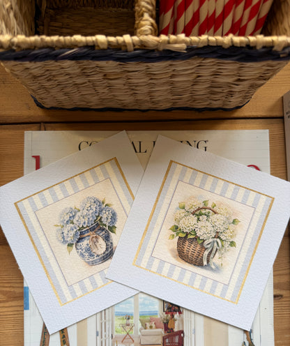 Hydrangea Basket Watercolor Set of 2 Prints Blue & White Ginger Jar Illustration with Sea Blue Border