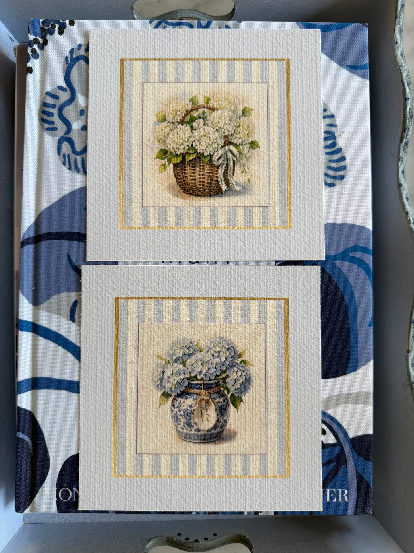 Hydrangea Basket Watercolor Set of 2 Prints Blue & White Ginger Jar Illustration with Sea Blue Border