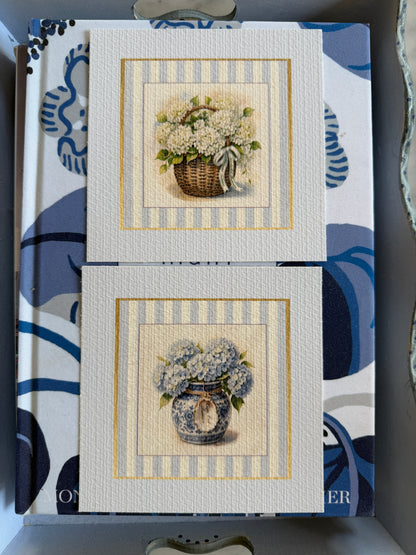 Hydrangea Basket Watercolor Set of 2 Prints Blue & White Ginger Jar Illustration with Sea Blue Border
