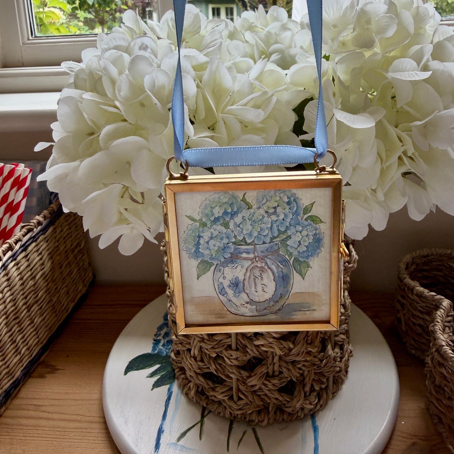 Hydrangea Ginger Jar Art Print Cape Cod Coastal Decor Mini Brass Frame New England Beach House Wall Art