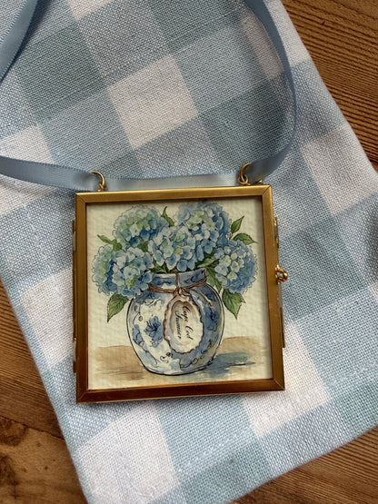 Hydrangea Ginger Jar Art Print Cape Cod Coastal Decor Mini Brass Frame New England Beach House Wall Art