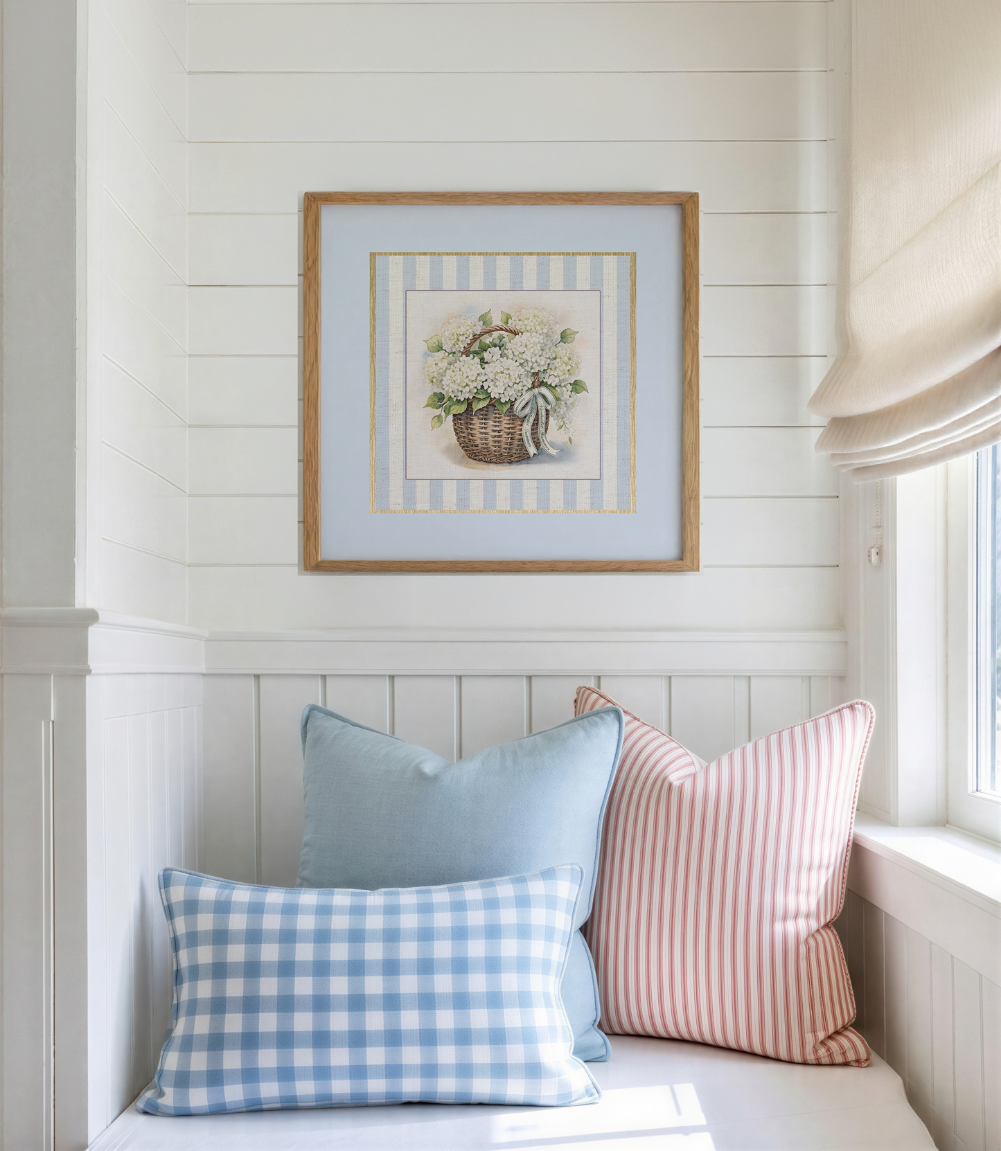 Hydrangea Basket Watercolor Set of 2 Prints Blue & White Ginger Jar Illustration with Sea Blue Border