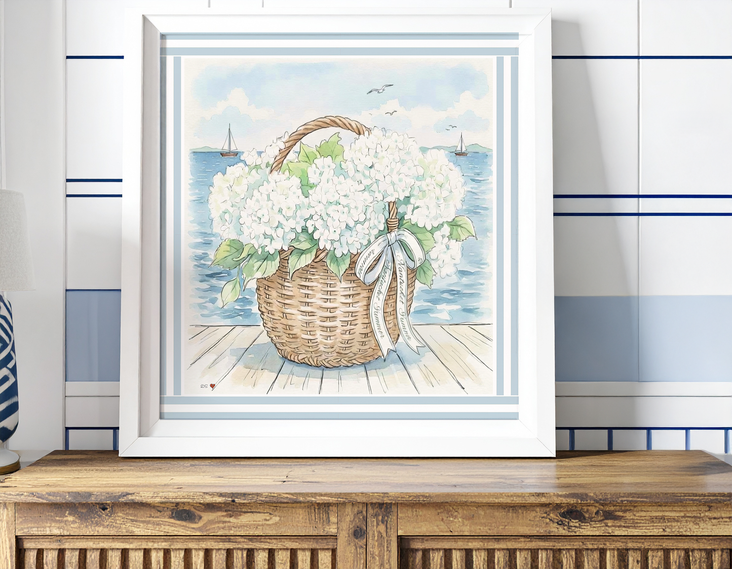 Nantucket Basket Watercolor Print Hydrangea Artwork Coastal Wall Art Sailboat  Beach House Decor New England Art