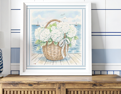 Nantucket Basket Watercolor Print Hydrangea Artwork Coastal Wall Art Sailboat  Beach House Decor New England Art