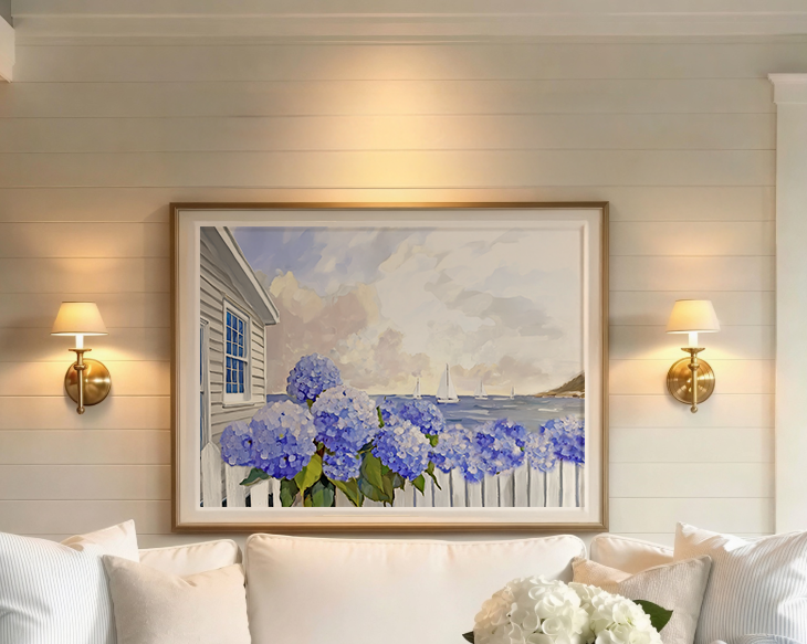 Coastal Cottage Garden Nantucket Harbour Sailboat Watercolor Illustration