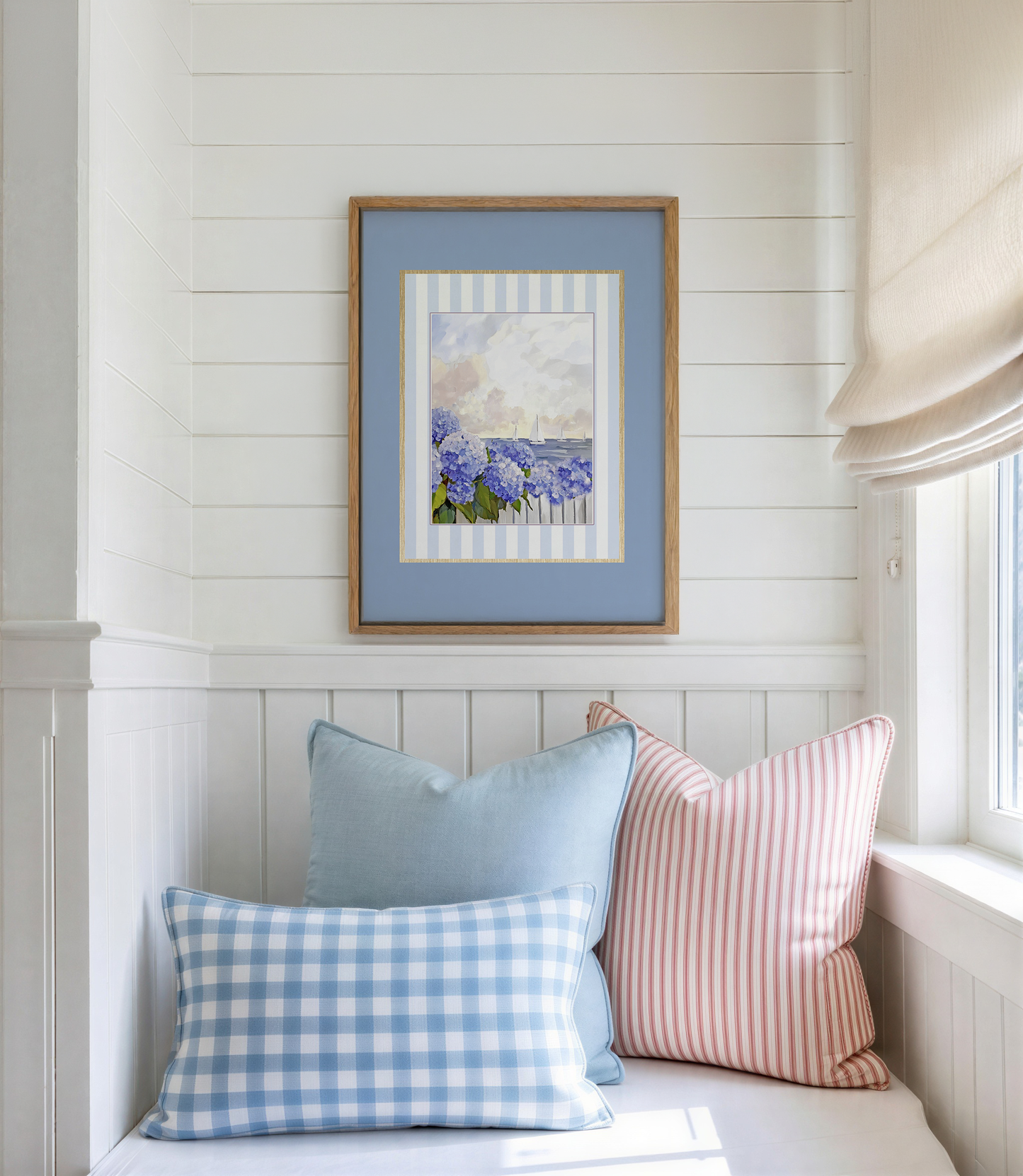 Coastal Watercolor Set of 3 with Blue Border, Nantucket Print Cape Cod Illustration Hydrangea Artwork