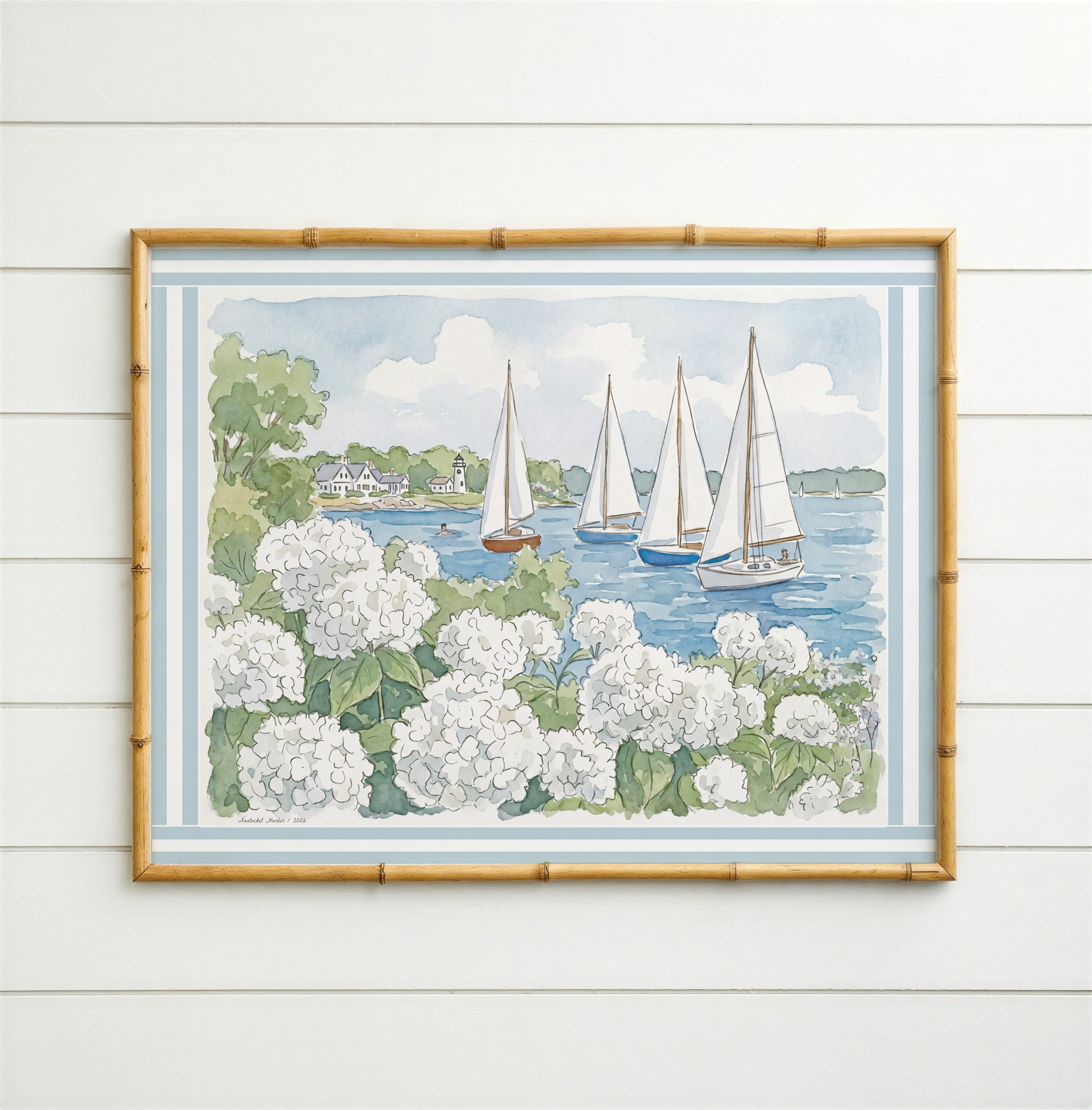 Nantucket Harbor Sailboat Watercolor Art White Hydrangea Coastal Wall Art Nantucket Harbor Artwork