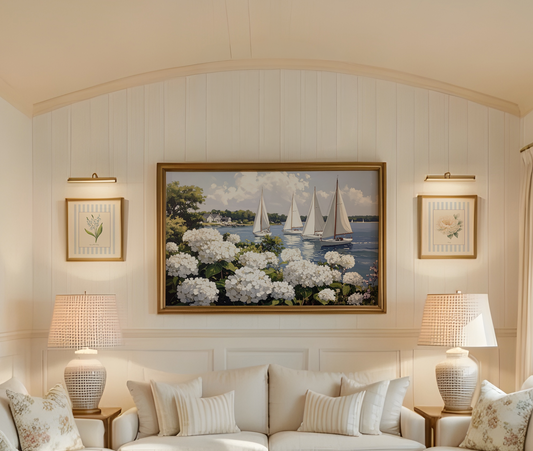 New England Sailboat Print Nantucket Harbor Illustration Hydrangea Watercolor Artwork