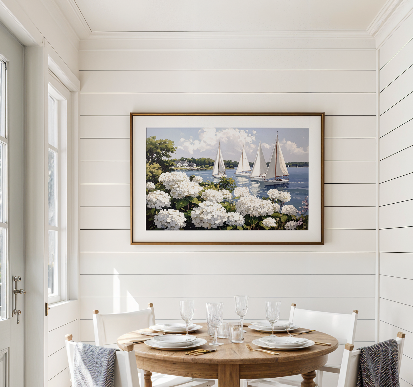 Nantucket Harbor Sailboat Art White Hydrangea Coastal Wall Art Nantucket Harbor Artwork