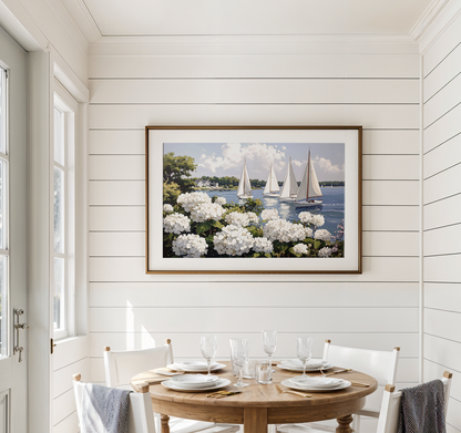 Nantucket Harbor Sailboat Art White Hydrangea Coastal Wall Art Nantucket Harbor Artwork