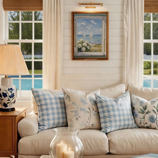 Nantucket Coastal Print, Cottage Window Sea View with Sailboat & Hydrangeas, Coastal Cottage Window Print Nantucket