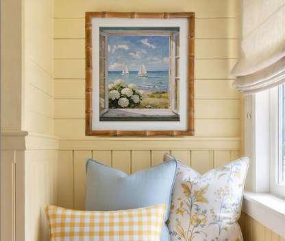 Nantucket Coastal Print, Cottage Window Sea View with Sailboat & Hydrangeas, Coastal Cottage Window Print Nantucket