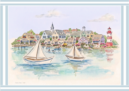 Shoreline Stories Watercolor Print  New England Coastal Village Wall Art  Beach House Decor Lighthouse Sailboat Illustration