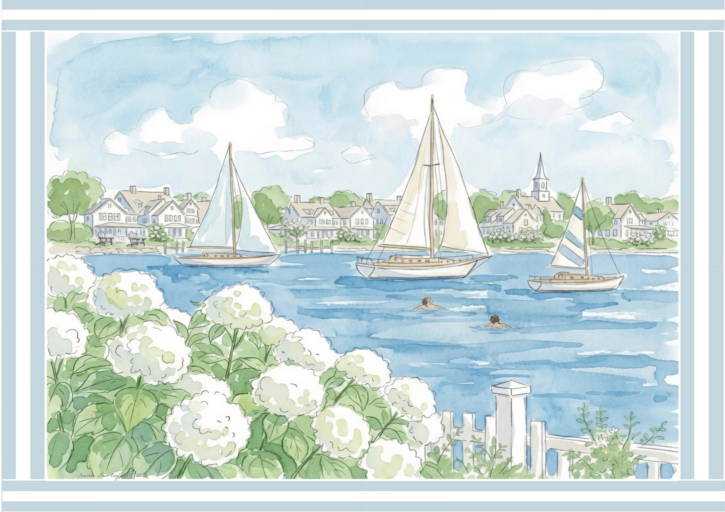 Seaside New England Watercolor Print Coastal Wall Art New England Beach House Decor Nautical Harbor Artwork