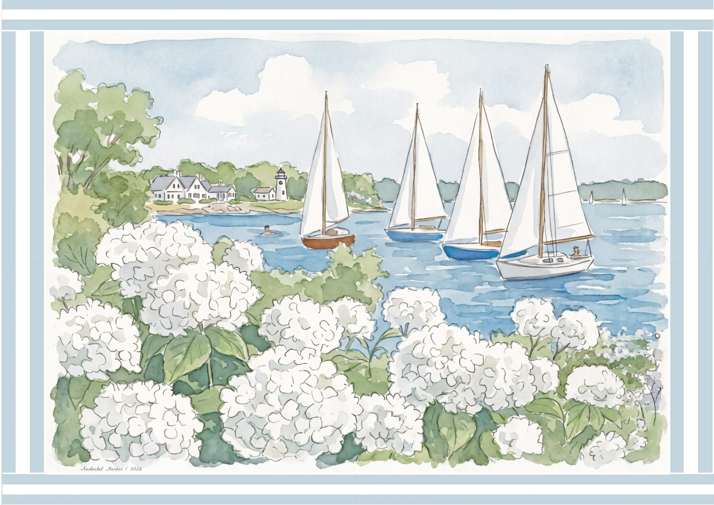 Nantucket Harbor Sailboat Watercolor Art White Hydrangea Coastal Wall Art Nantucket Harbor Artwork
