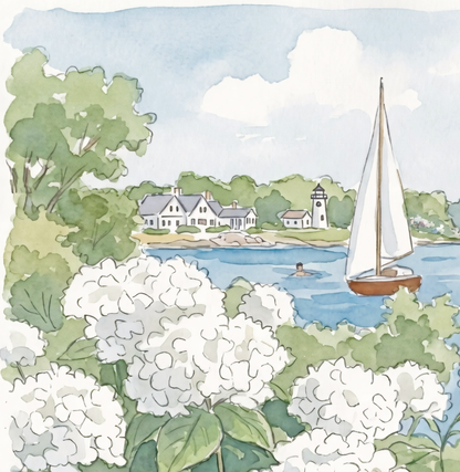 Nantucket Harbor Sailboat Watercolor Art White Hydrangea Coastal Wall Art Nantucket Harbor Artwork