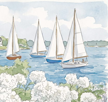 Nantucket Harbor Sailboat Watercolor Art White Hydrangea Coastal Wall Art Nantucket Harbor Artwork