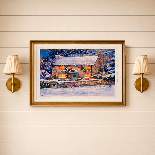 The Holiday Rosehill Cottage Print, Winter Edition | Cozy English Cottage Art, Christmas Movie Wall Decor, Romantic Cottagecore Gift