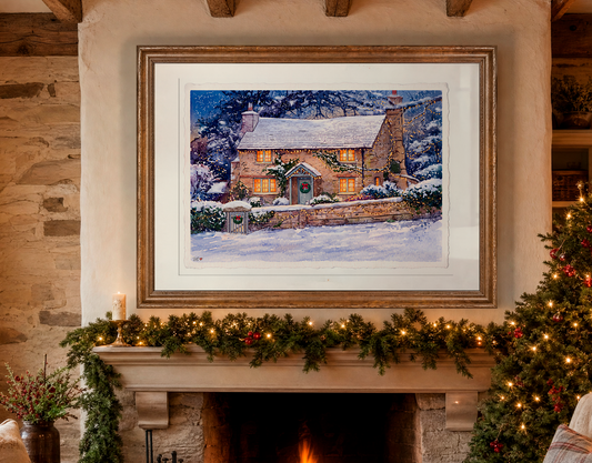 The Holiday Rosehill Cottage Print, Winter Edition | Cozy English Cottage Art, Christmas Movie Wall Decor, Romantic Cottagecore Gift