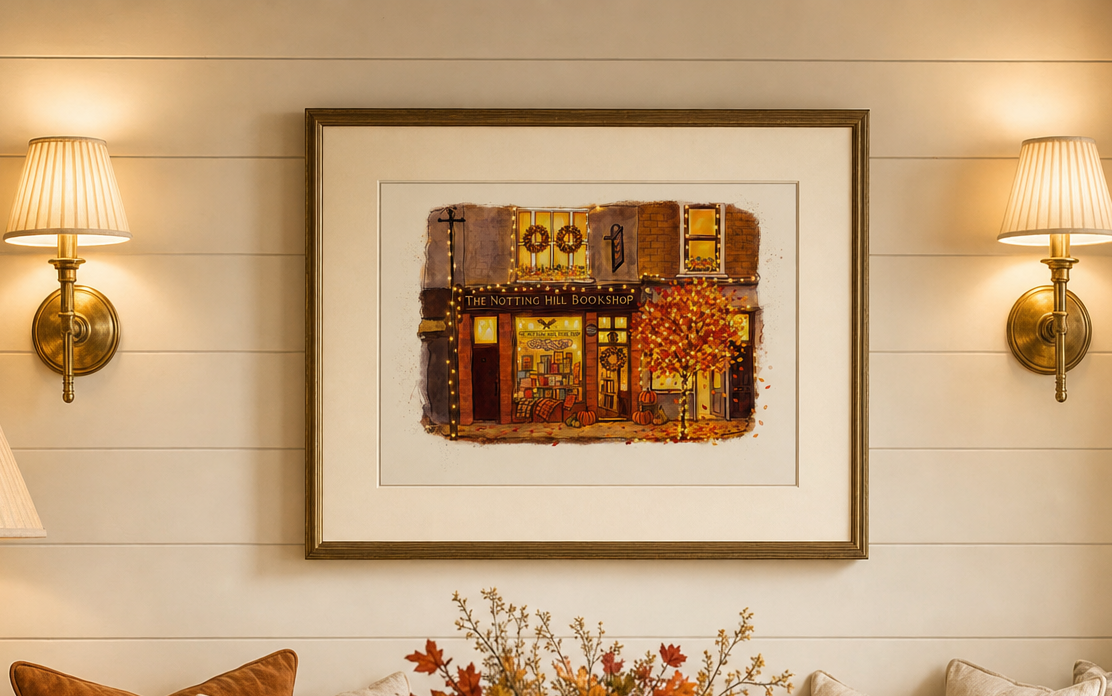 Notting Hill Bookshop Illustration, London Notting Hill Movie Watercolor Artwork
