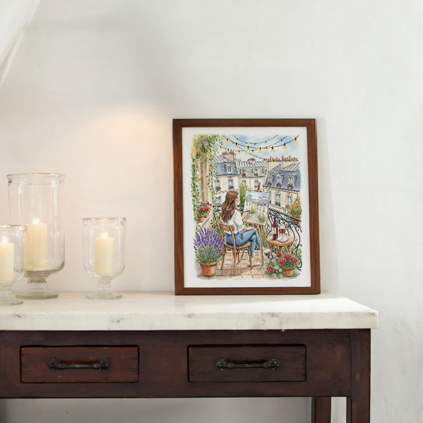 Parisian Balcony Painting Whimsical Paris Art Print with Fairy Lights & Haussmann Architecture