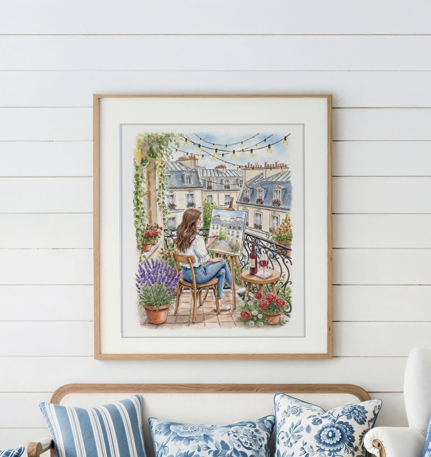 Parisian Balcony Painting Whimsical Paris Art Print with Fairy Lights & Haussmann Architecture