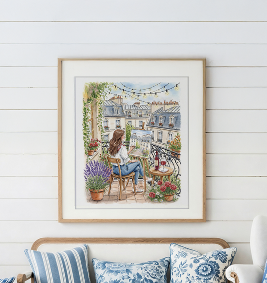 Parisian Balcony Painting Whimsical Paris Art Print with Fairy Lights & Haussmann Architecture