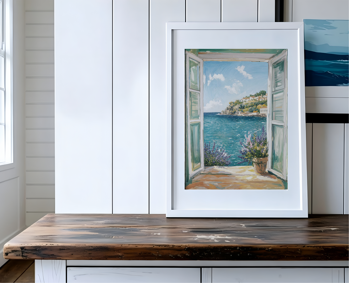 French Riviera Wall Art Coastal Print  Côte d’Azur Ocean View, Cottage Window Sea View with Lavender, French Coast Print