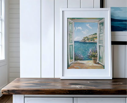 French Riviera Wall Art Coastal Print  Côte d’Azur Ocean View, Cottage Window Sea View with Lavender, French Coast Print