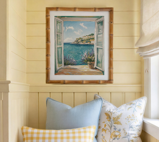 French Riviera Wall Art Coastal Print  Côte d’Azur Ocean View, Cottage Window Sea View with Lavender, French Coast Print
