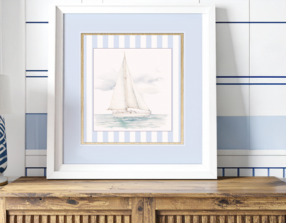 Coastal Watercolor Wall Art Set of 3 Lighthouse, Sailboat & Beach Prints Blue and White Artwork