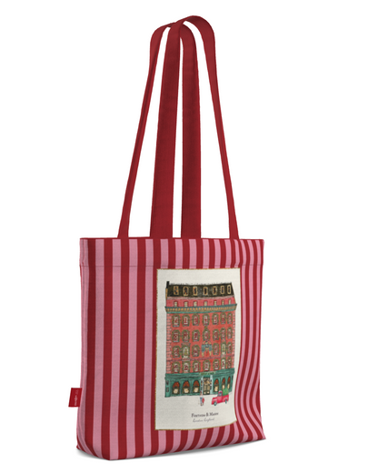 Everyday Tote Bag, Fortnum & Mason Storefront Illustration, London Store Watercolor Artwork on Striped Background
